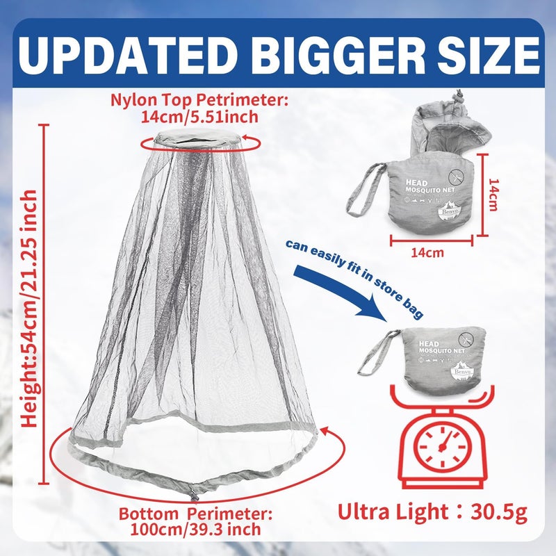 Benvo Mosquito Head Net Mesh One Piece Face Neck Fly Netting Cover from Bugs Gnats Noseeums Hat-Compatible Insect Shield for Fishing, Camping, Gardening (2pcs, Grey, Upgraded Big Net) - Image 2